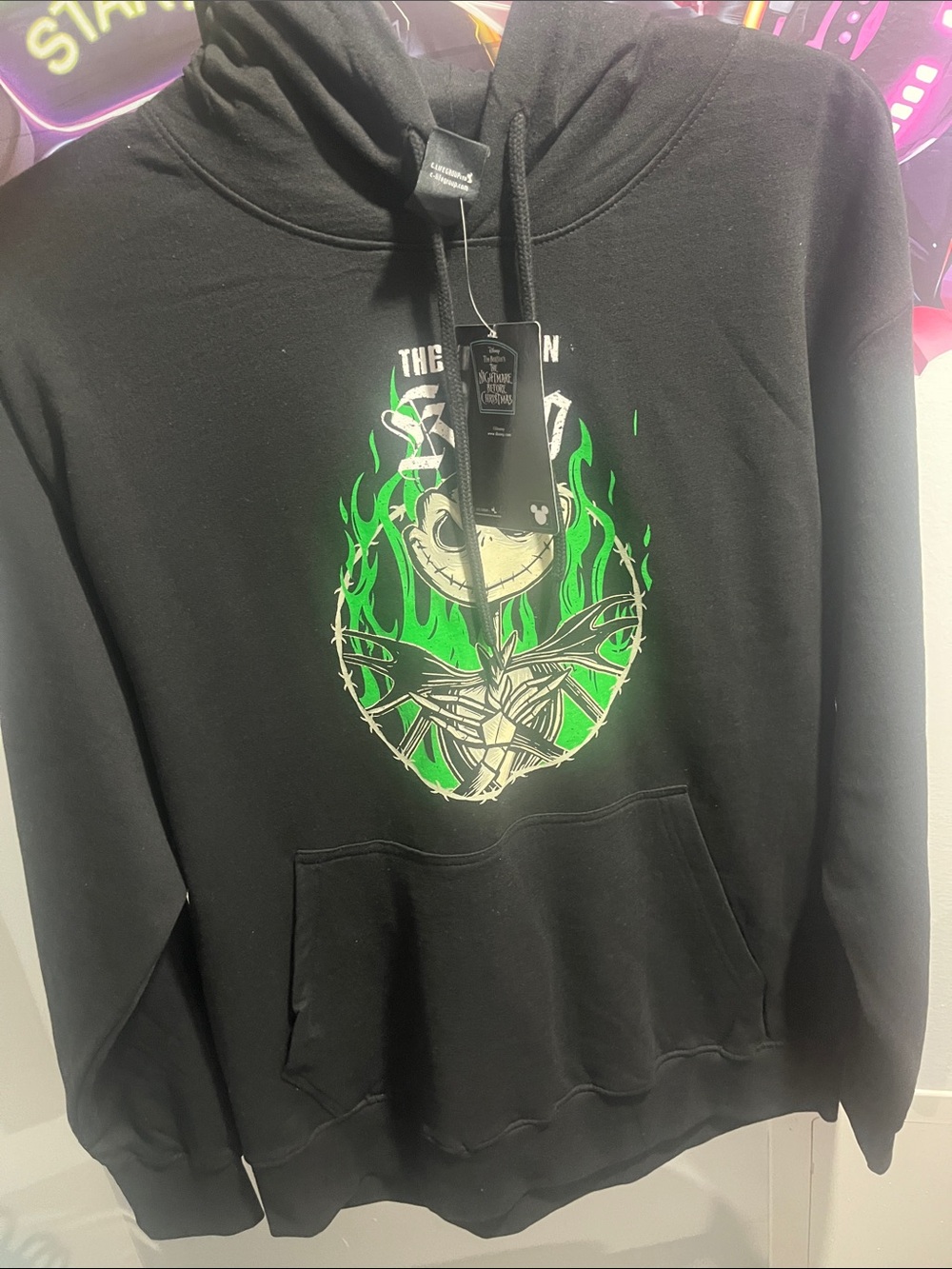 Disney Black Hoodie with Neon Green Flame Jack Skellington Graphic NWT - Picture 5 of 6
